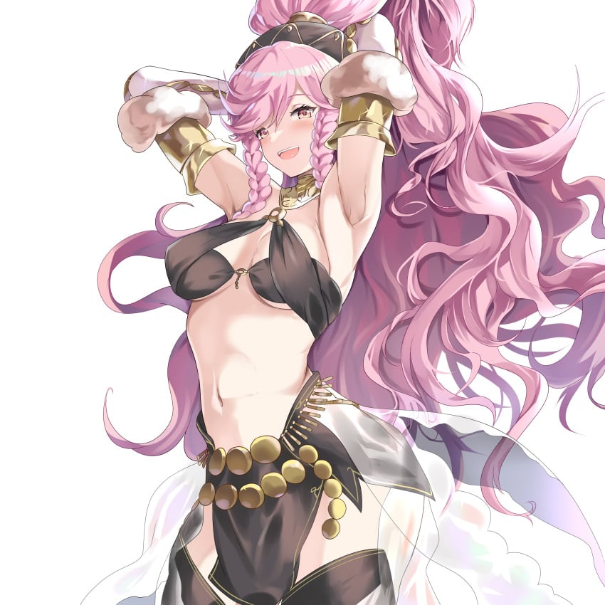 1girls alternate_costume arms_up breasts dancer dancer_outfit female female_only fire_emblem fire_emblem_awakening fire_emblem_heroes looking_at_viewer medium_breasts nintendo official_alternate_costume olivia_(fire_emblem) olivia_(performing_arts)_(fire_emblem) pink_eyes pink_hair solo thighs umitsuki