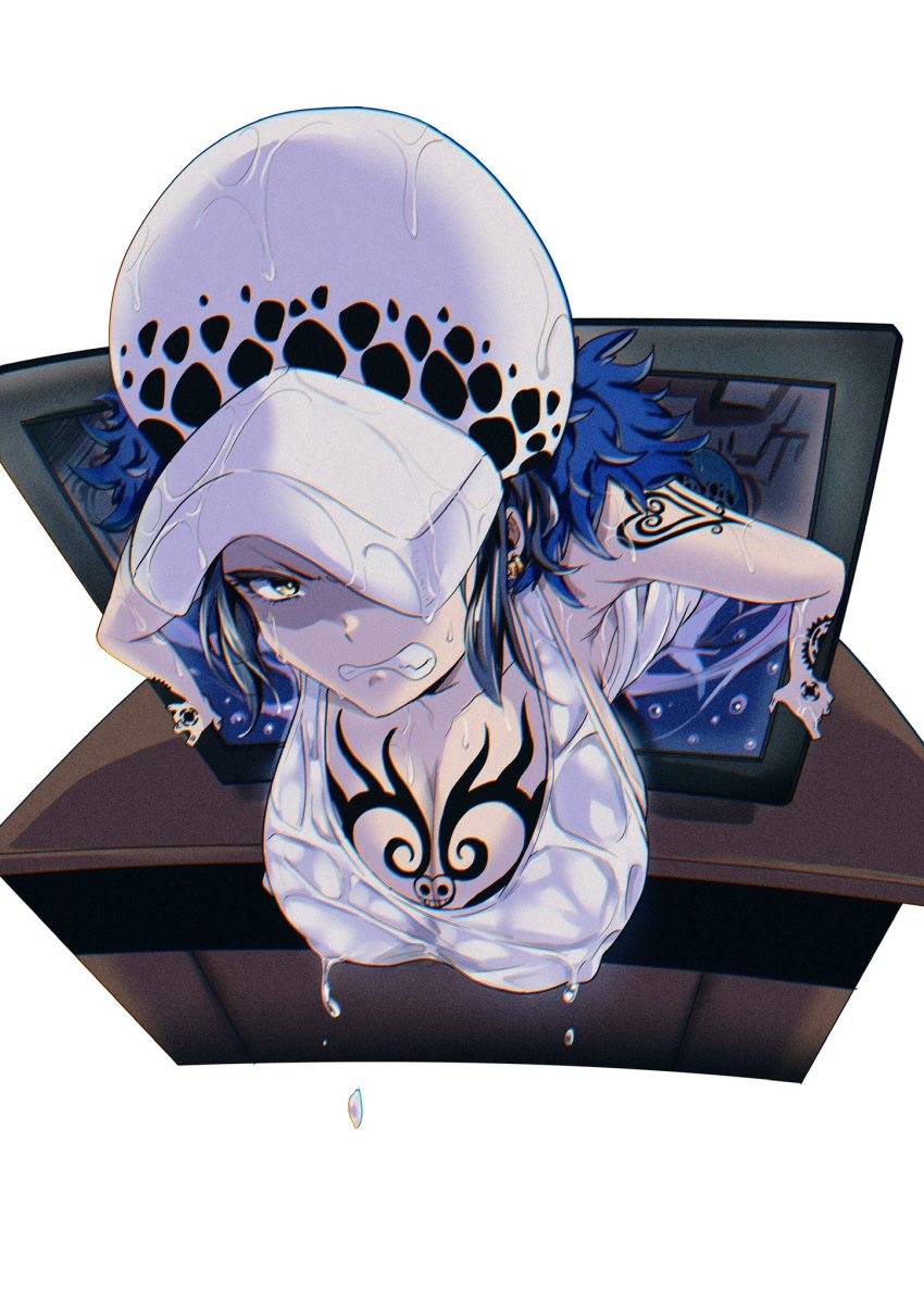 big_breasts black_hair canon_genderswap chest_tattoo cleavage clenched_teeth coming_out_of_tv female female_only genderswap_(mtf) hanging_breasts hat headwear looking_at_viewer one_piece rule_63 shiofuu short_hair shoulder_tattoo solo tank_top tattoo tattoos trafalgar_law trafalgar_law_(female) tv tv_screen wet_body wet_clothes wet_skin yellow_eyes