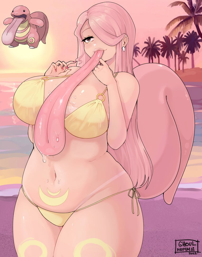 1girls 2022 beach big_breasts big_tongue bikini female female_only generation_1_pokemon ghoulmommie hair_over_one_eye lickitung long_hair long_tongue narrowed_eyes nintendo pink_hair pokémon_(species) pokegirl pokemon reference_image slightly_chubby smiling solo tail thick_thighs tongue_out very_high_resolution very_long_tongue