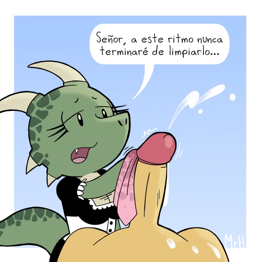 1:1 anthro argonian bethesda_softworks bodily_fluids breasts clothed clothing cum dialogue ejaculation el_senor_erizo erection eyelashes female genital_fluids genitals green_body handjob hi_res horn humanoid_genitalia humanoid_penis humor lifts-her-tail lusty_argonian_maid maid_uniform male male/female non-mammal_breasts nude open_mouth penile penis reptile scales scalie sex simple_background skyrim solo spanish_text speech_bubble tail text the_elder_scrolls translated uniform