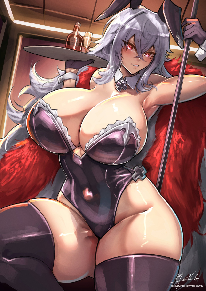 1girls 2020s 2024 2d 2d_(artwork) alcohol armpits azur_lane big_breasts black_thighhighs breasts bunny_ears bunny_suit busty cleavage female female female_focus female_only gloves graf_zeppelin_(azur_lane) hi_res highres hips hourglass_figure huge_breasts large_breaasts light-skinned_female light_skin long_hair manob0028 red_eyes skimpy skindentation smile smiling solo solo_female solo_focus thighhighs thighs tray voluptuous white_hair wide_hips