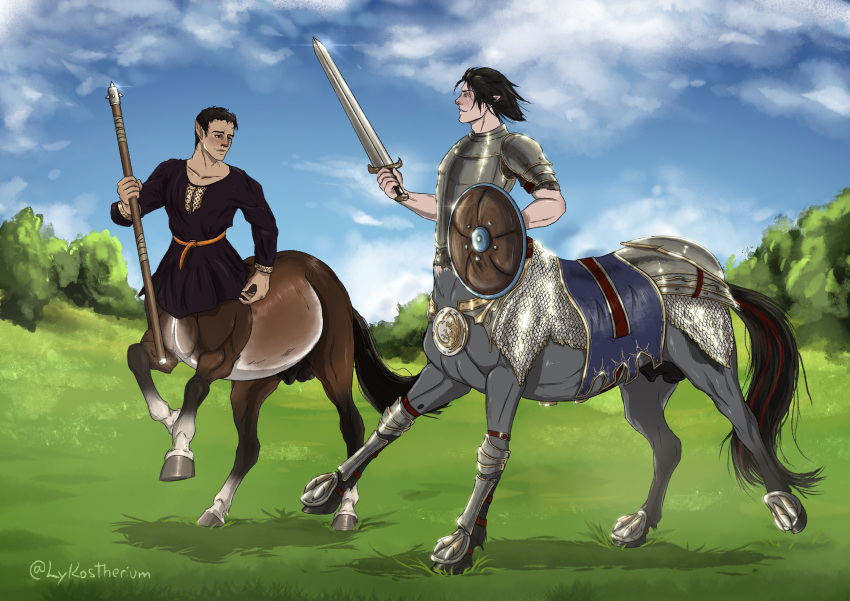 absurd_res animal_genitalia animal_genitalia_on_humanoid armor balls centaur digital_media_(artwork) duo equid equid_taur equine fight fully_sheathed genitals hi_res horsecock_on_humanoid humanoid_pointy_ears humanoid_taur lykostherium male male_only male_taur mammal mammal_taur melee_weapon quadruped sheath shield staff sword tail taur unguligrade weapon