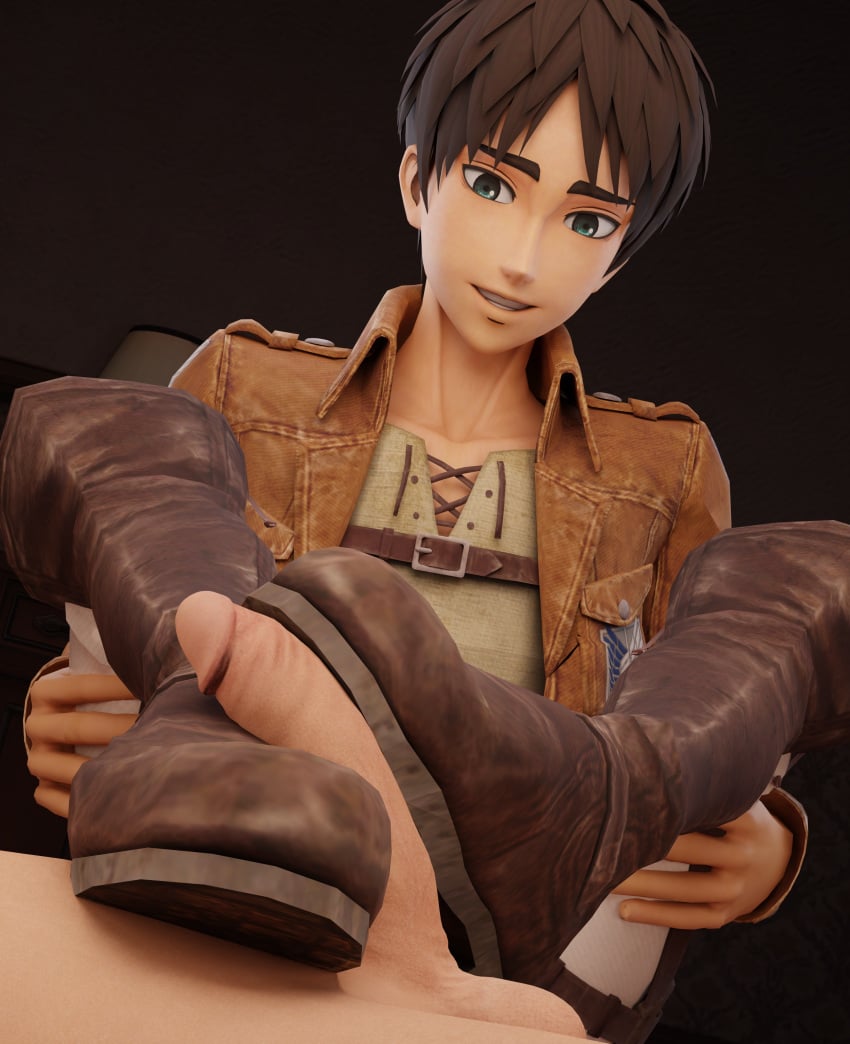 2boys 3d attack_on_titan boot_fetish bootjob boots brown_boots eren_jaeger foot_fetish footjob gay male_only mrgtsfloop self_upload shingeki_no_kyojin smiling yaoi