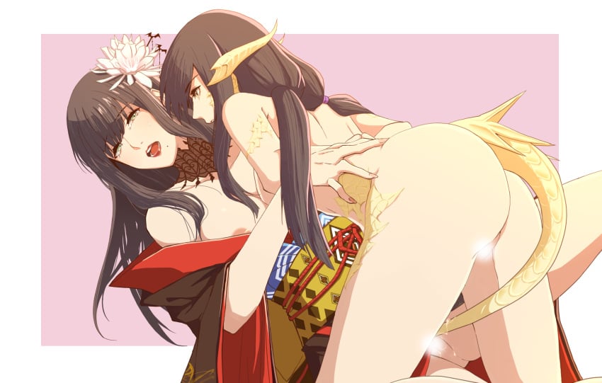 areola_slip ass au_ra black_choker black_hair breasts brown_eyes censored choker commentary completely_nude crying crying_with_eyes_open final_fantasy final_fantasy_xiv flower grey_hair hair_flower hair_ornament hand_on_another's_back highres japanese_clothes kimono large_breasts long_hair nude nyasa obi off_shoulder open_mouth pink_background pussy pussy_juice red_kimono red_lips sash scales tail_insertion tail_sex tears twintails two-tone_background vaginal_penetration white_background white_flower yotsuyu_goe_brutus yugiri_mistwalker yuri