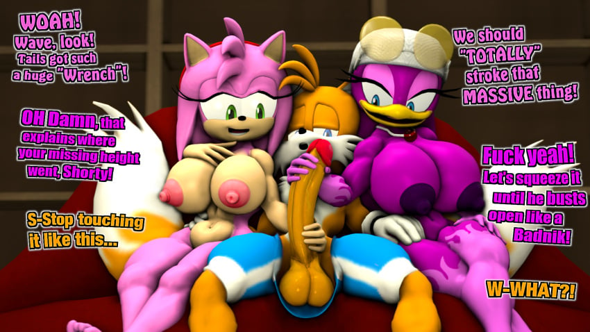 3d amy_rose balls big_breasts big_penis breasts clothing couch dialogue double_handjob female hand_on_penis handjob large_breasts larger_female naked naked_female nude nude_female penis sarah_dellen sarahdellen sega sfm size_difference smaller_male sonic_(series) sonic_riders sonic_the_hedgehog_(series) source_filmmaker tails tails_the_fox threesome wave_the_swallow