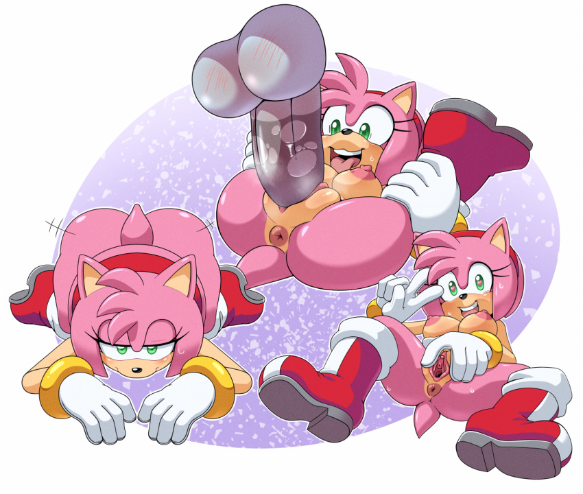 all_fours amy_rose anthro anus archie_comics ass balls bodily_fluids boots breasts clitoris clothing disembodied_penis downward_dog eulipotyphlan female footwear from_front_position fur genitals gesture gloves green_eyes hair hand_gesture handwear heart_eyes heart_symbol hedgehog hyoumaru male mammal mating_press medium_breasts nipples open_mouth penetration penis pink_body pink_fur pink_hair pussy sega sex sonic_(series) sonic_the_hedgehog_(archie) sonic_the_hedgehog_(comics) sonic_the_hedgehog_(series) spread_pussy spreading sweat sweatdrop tongue tongue_out urethra v_sign vaginal_penetration