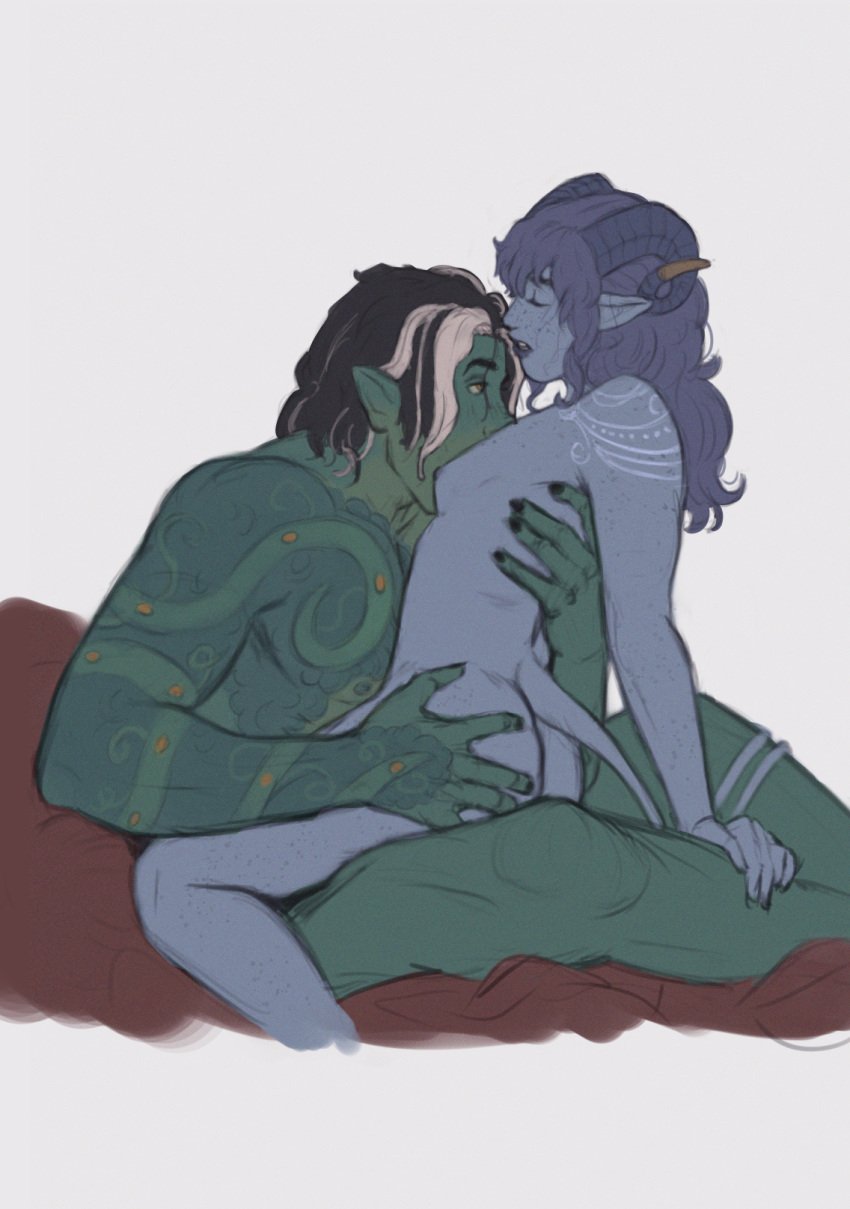 1boy 1girls blue_hair blue_skin canon_couple critical_role critical_role:_the_mighty_nein dungeons_and_dragons female fjord_(critical_role) fjord_stone freckles green_skin jester_lavorre jusoverart long_hair male orc orc_male riding sex