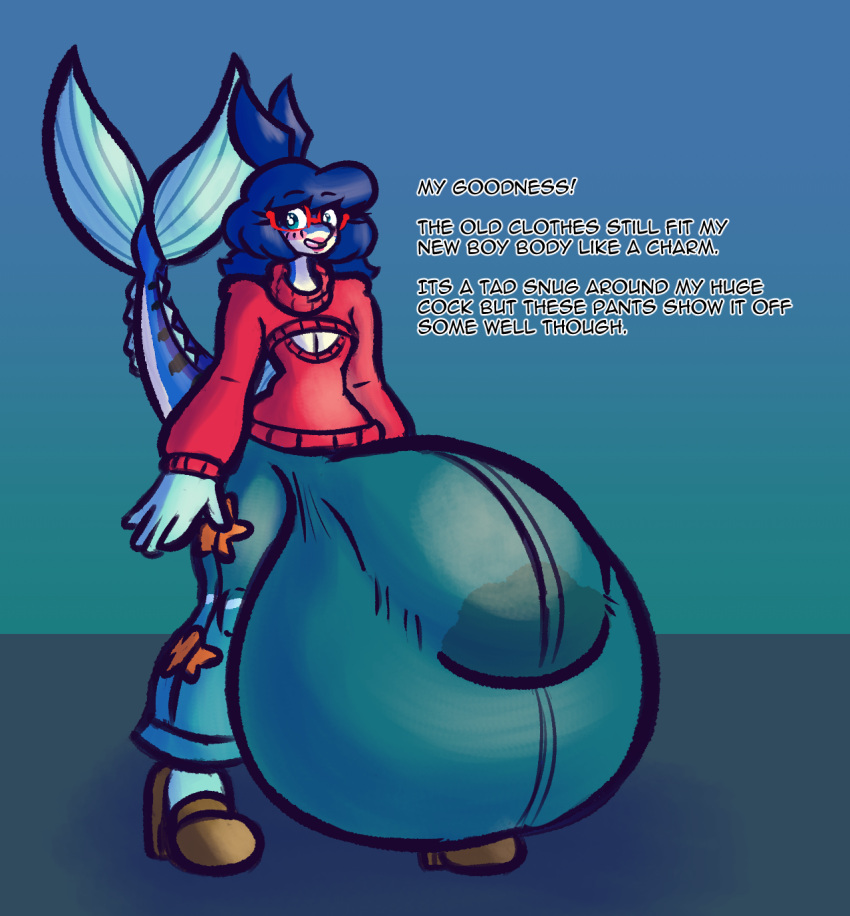 anthro balls big_balls big_bulge big_penis blue_body blue_eyes blue_hair blush bottomwear bulge cleavage_cutout clothing cum_stain cutout dialogue eyewear femboy fin fish fish_tail footwear ftm_crossgender genderswap genderswap_(ftm) genitals girly glasses gradient_background hair hi_res high_heels holly(sprucy) huge_balls huge_bulge huge_cock hung_femboy hung_trap hyper hyper_balls hyper_bulge hyper_genitalia hyper_penis lipstick mackerel_(fish) makeup male marine pants penis rule_63 scombrid scombriform simple_background solo sprucy sweater topwear