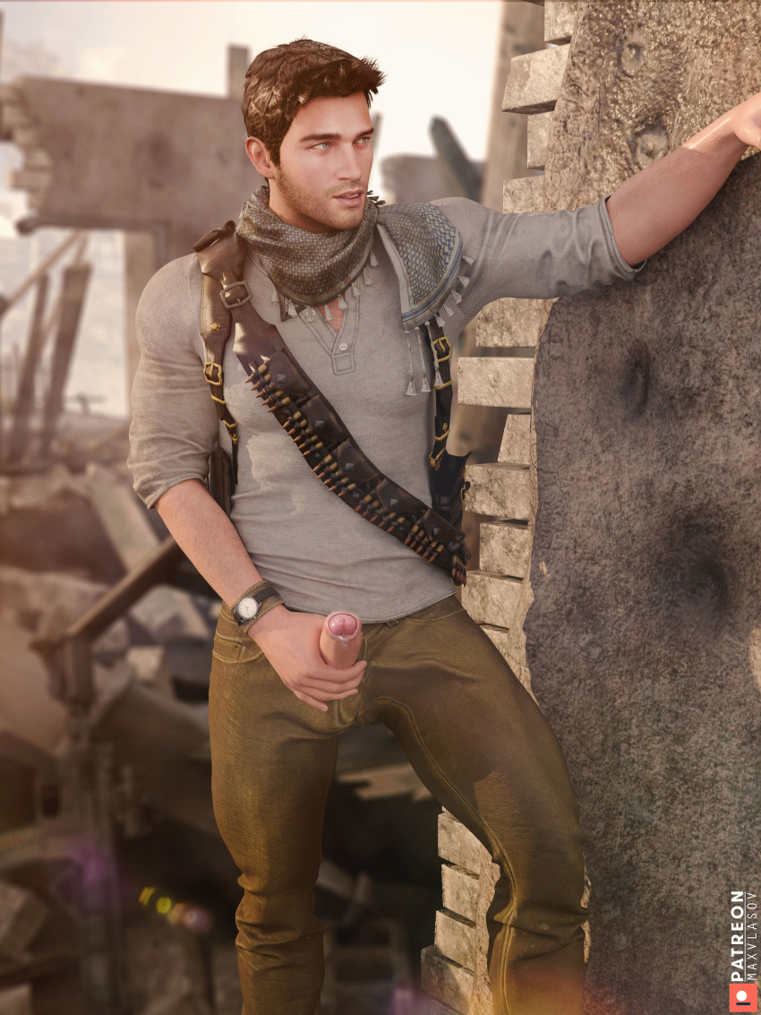 1boy 3d 3d_model bara clothing erection male male_focus male_only maxvlasov muscular_male nathan_drake naughty_dog penis playstation precum precum_drip solo_male uncharted