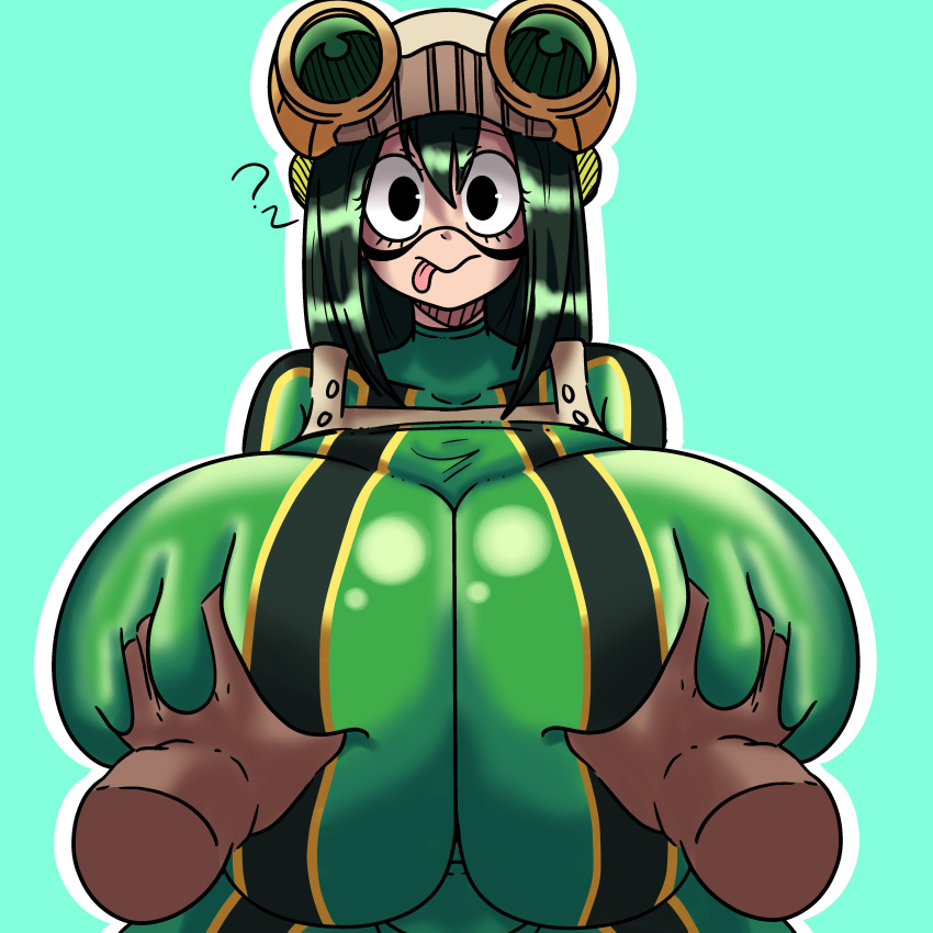 1girls ? big_breasts color color_edit colored confused confusion fazcolor female female_only green_hair hero_outfit_(mha) huge_breasts inakotho large_breasts my_hero_academia solo solo_female solo_focus tongue tsuyu_asui