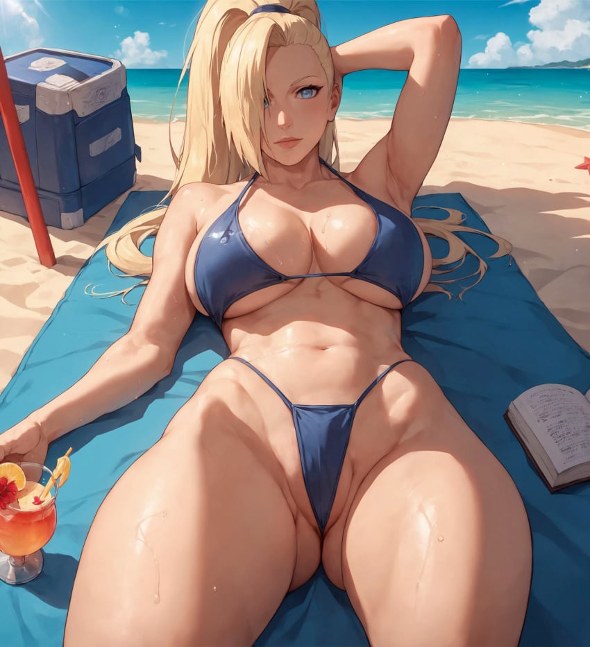 1girls ai_generated alex-schura areola_slip arm_behind_head arm_up armpits bare_legs bare_midriff bare_shoulders beach beach_towel beach_umbrella big_breasts bikini bikini_bottom bikini_top blonde_hair blue_eyes book boruto:_naruto_next_generations breasts busty cleavage commentary cooler curvaceous curvy curvy_body curvy_female curvy_figure drink earrings english_text feet_out_of_frame female female_only glass hair_down hair_over_one_eye huge_breasts ino_yamanaka light-skinned_female light_blue_eyes light_skin lipstick long_hair lying_on_back makeup micro_bikini milf nai_diffusion naruto naruto:_the_last naruto_(series) naruto_shippuden ocean oppai partially_visible_vulva patreon_username pose posing posing_for_the_viewer reclining sand seaside shiny shiny_hair shiny_skin smile smooth_skin stable_diffusion starfish string_bikini swimsuit towel umbrella underboob very_long_hair voluptuous water wide_hips