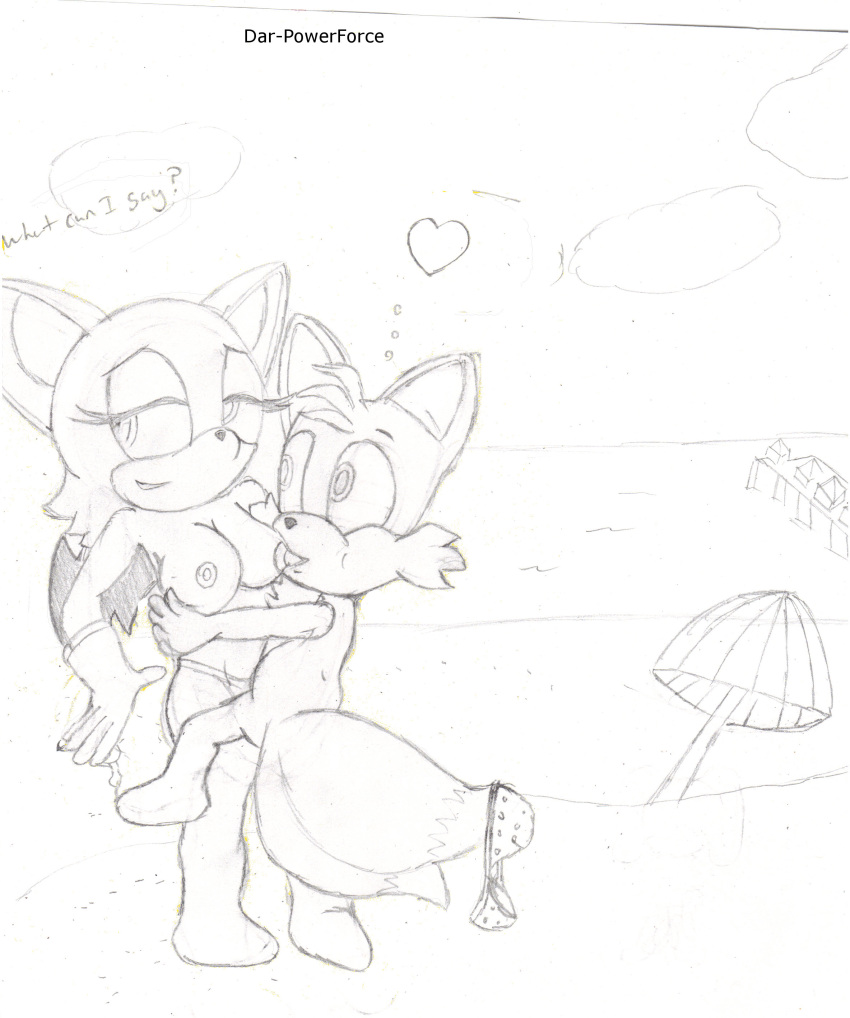 1boy 1girls bat beach breast_sucking breastfeeding breasts canine dar-powerforce day female fox fur interspecies male monochrome nipples nude outdoors rouge_the_bat sonic_(series) straight tagme tails