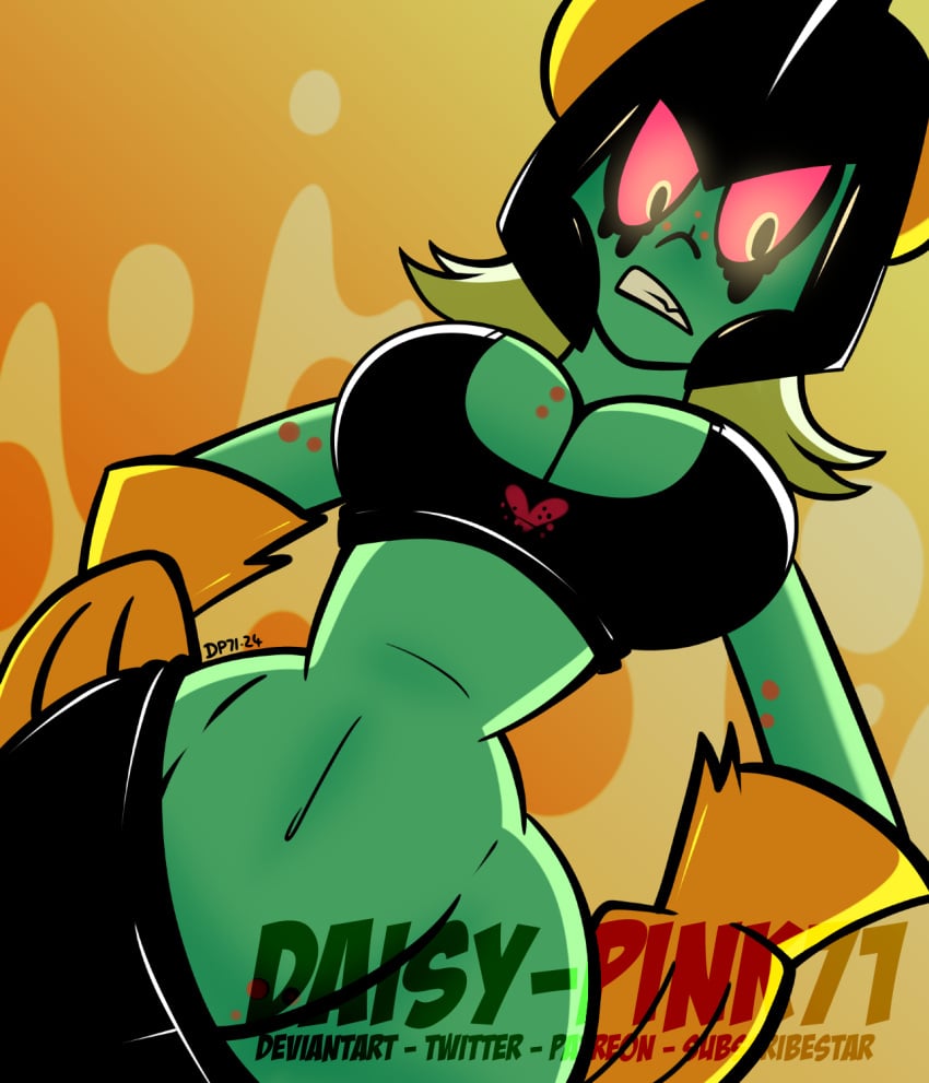 daisy-pink71 fanart green_skin looking_at_viewer looking_down lord_dominator red_eyes short_skirt thick_thighs underboob wander_over_yonder