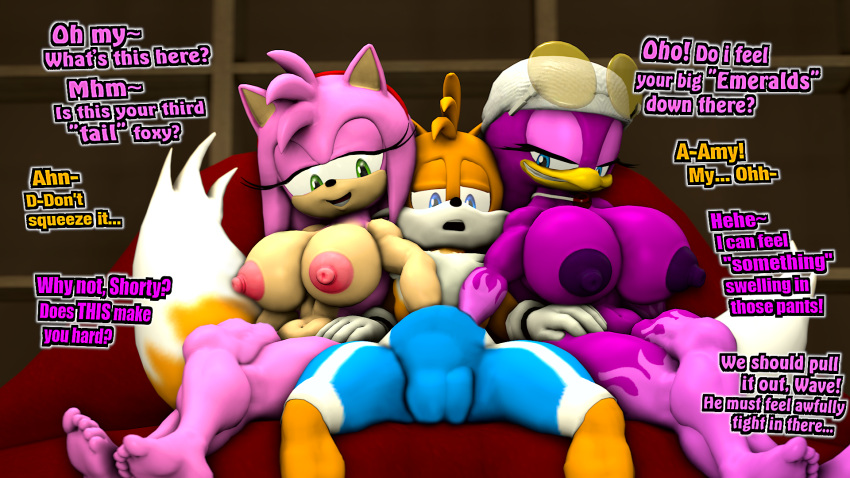 3d amy_rose avian avian_humanoid big_breasts bird bulge clothing couch dialogue female fondling fox hand_in_pants hands_in_pants hedgehog large_breasts naked naked_female nude nude_female pants pants_open sarah_dellen sarahdellen sega sfm sonic_(series) sonic_riders sonic_the_hedgehog_(series) source_filmmaker swallow_(bird) tail tails tails_the_fox threesome touching_penis wave_the_swallow