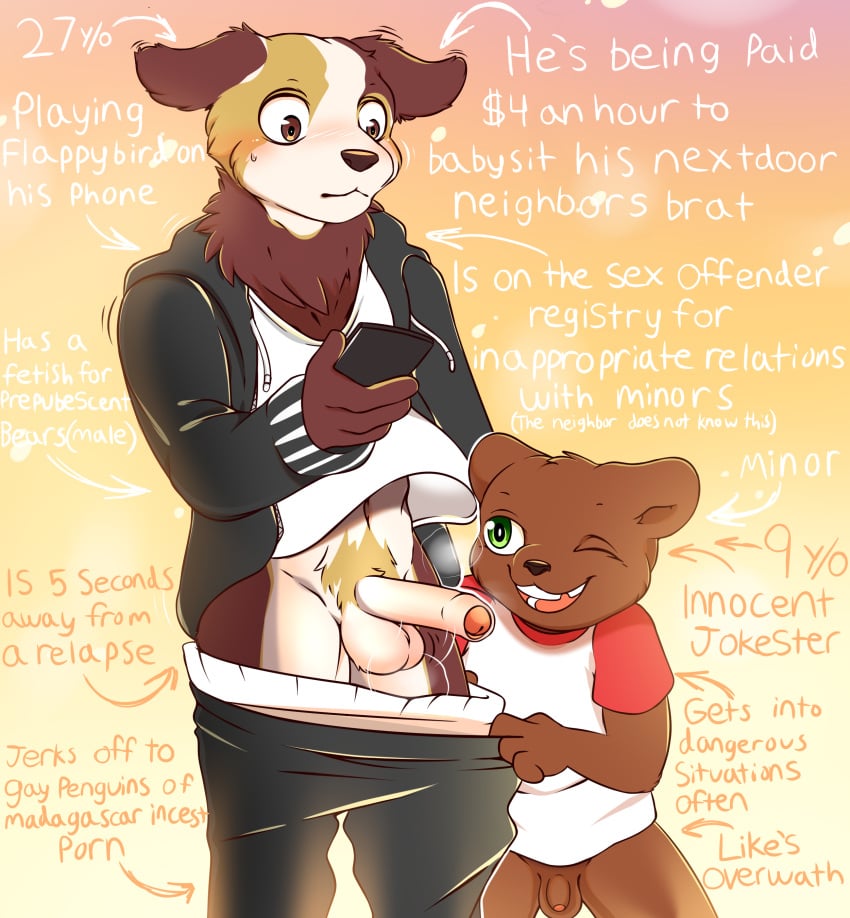 2020s 2023 2024 2boys absurd_res adult_anthro adult_male age_difference anthro assisted_exposure balls bear blush bodily_fluids bottomless bottomwear brown_body brown_eyes brown_fur bubblecat canid canine canis clothed clothing colored_pubes cub dialogue domestic_dog english_text erection flaccid foreskin fur genitals green_eyes hi_res hoodie humor imminent_rape imminent_sex long_ears male male/male male_cub male_only mammal missing_tooth musk musk_clouds older_anthro older_male older_on_young orville_(bubblecat) panting pantsing penis phone stated_age sweat tan_body tan_fur text topwear tuft underwear what yaoi yellow_body yellow_fur young young_anthro young_male younger_anthro younger_male