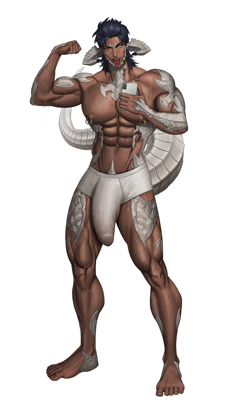 1boy au_ra bara bara_tits big_bulge bulge curled_horns erection_under_clothes final_fantasy final_fantasy_xiv flexing_bicep huge_bulge looking_at_viewer male male_focus male_nipples male_only muscular muscular_male nipples penis_outline solo solo_male underwear vv4363