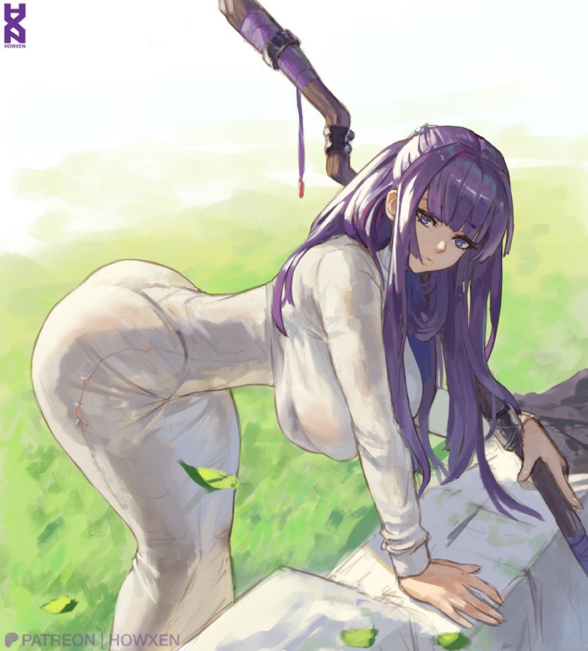 ass bent_over breasts closed_mouth commentary dress falling_leaves female fern_(sousou_no_frieren) hair_intakes hanging_breasts highres holding holding_staff howxen large_breasts leaf long_hair looking_at_viewer on_grass outdoors patreon_username pencil_dress purple_eyes purple_hair solo sousou_no_frieren staff standing white_dress