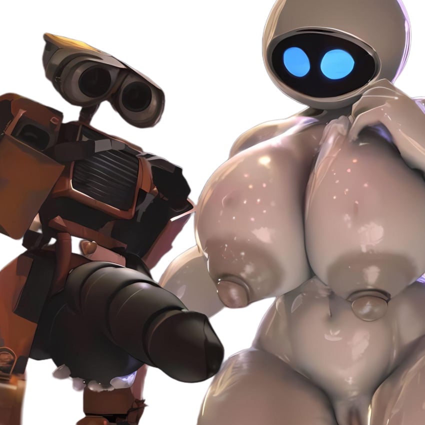 1boy ai_assisted ai_generated balls big_balls big_breasts big_nipples disney eve_(wall-e) female huge_cock large_breasts male nude_female penis pixar robot robot_boy robot_girl shy staring wall-e wall-e_(character) white_body