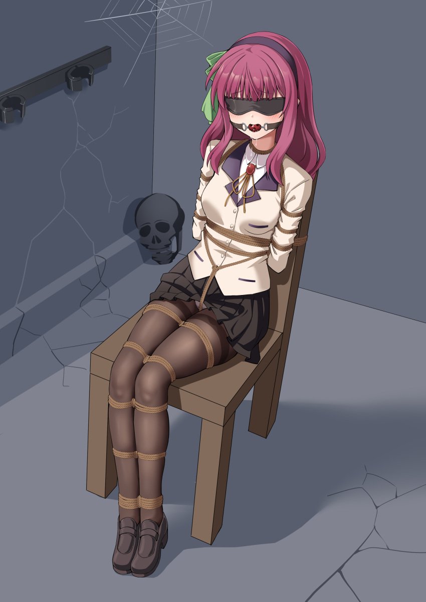 absurdres angel_beats! ball_gag black_pantyhose blindfold bondage bondage bondage bound bound_arms bound_legs breasts cap_(user_dxfj5558) commentary crotch_rope gag gagged green_eyes heaven_burns_red highres long_hair nakamura_yuri on_chair original panties panties_under_pantyhose pantyhose pink_hair pleated_skirt school_uniform shibari_over_clothes shoes skirt skull small_breasts translation_request underwear zettai_ryouiki