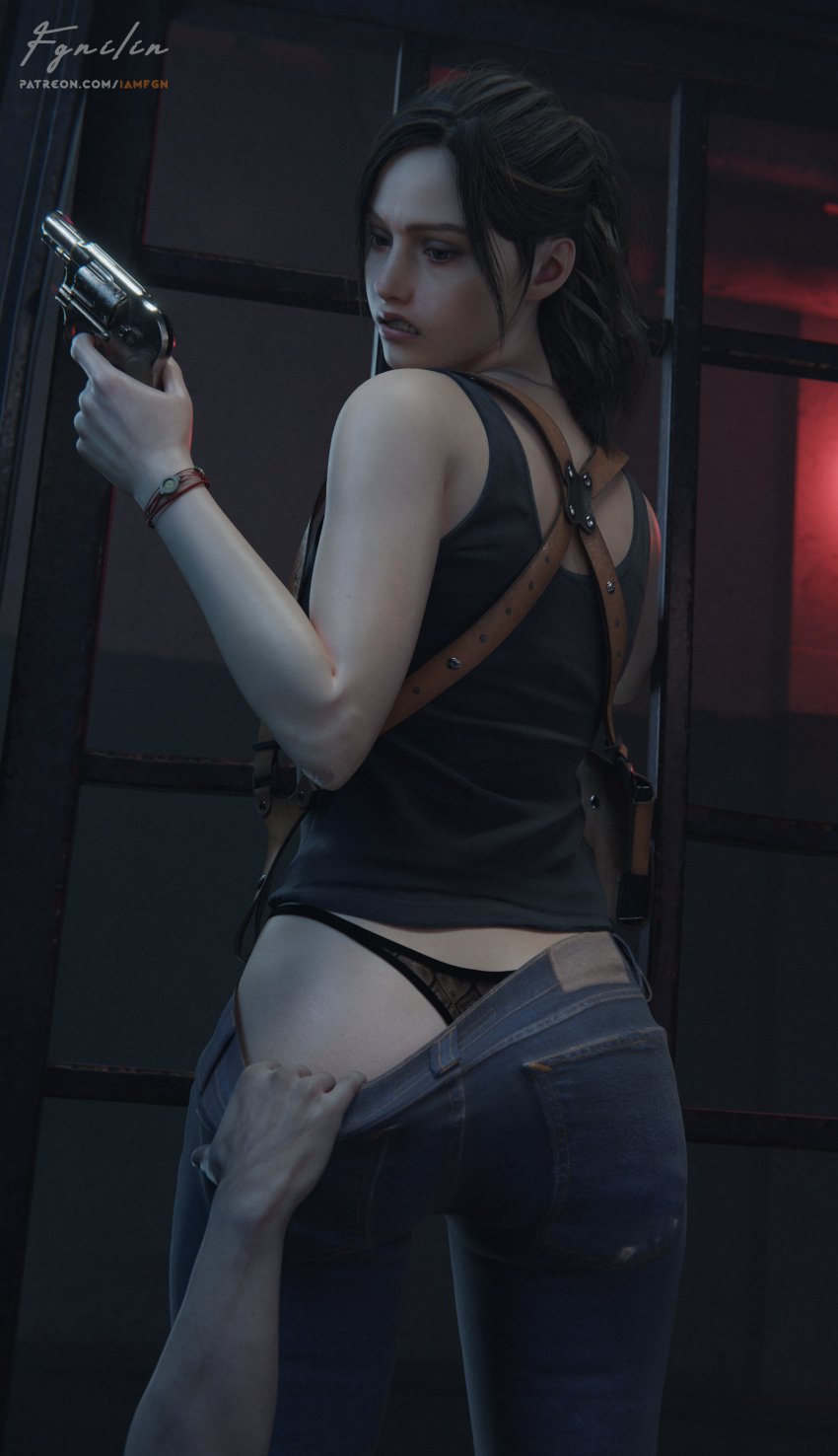 1girls 3d ass big_ass big_butt breasts claire_redfield female female_only fgnilin firearm handgun jeans male panties pants resident_evil resident_evil_2 resident_evil_2_remake revolver solo solo_focus thighs thong thong_aside weapon zombie