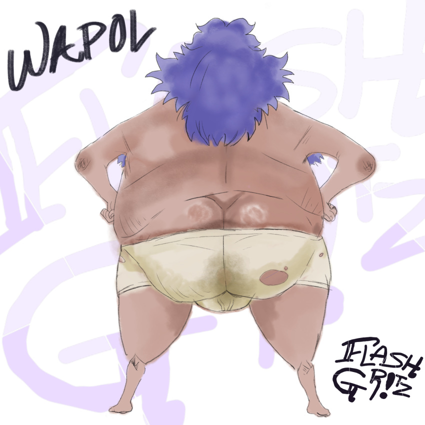 1boy ass ass_focus chub dirty_underwear fat fat_man flashgritz full_body hairy_male male male_only one_piece overweight overweight_male purple_hair ripped_underwear solo stain tagme underwear wapol