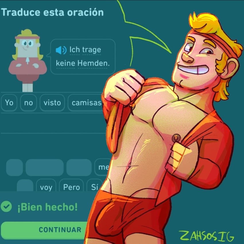 blonde_hair bulge commando dick_print eddy_(duolingo) freeballing gay nipples shirtless underwear_only yaoi zahsosig