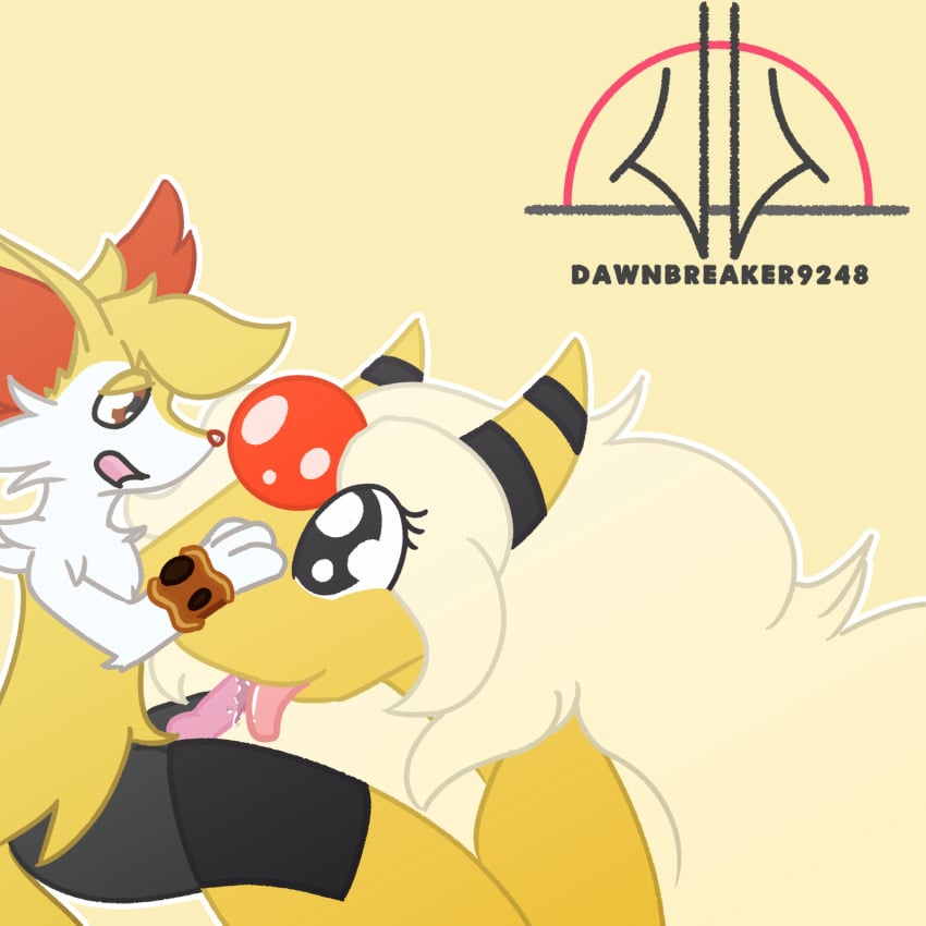 ampharos anthro blonde_hair braixen dawnthemetamon duo female feral hair hi_res horn larger_female licking male male/female mega_ampharos mega_evolution myrrhia nintendo oral pokémon_(species) pokemon pokemon_(species) size_difference tongue tongue_out video_games yellow_body