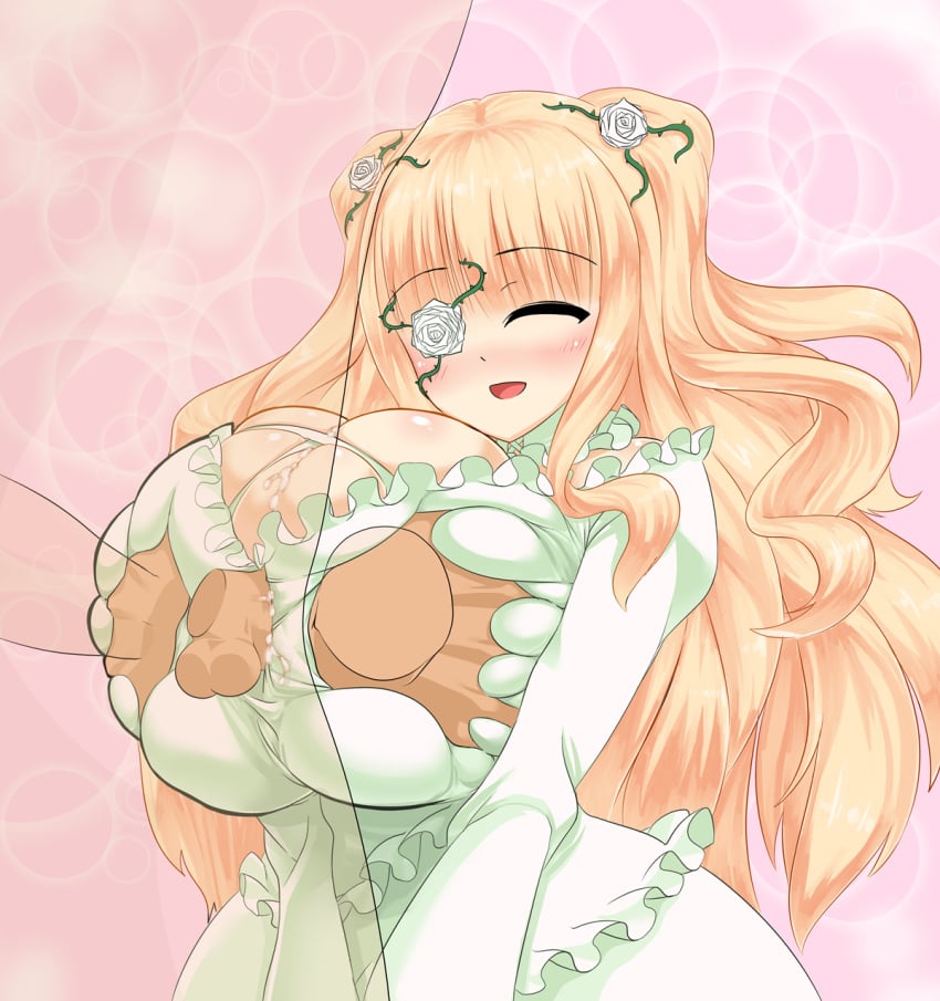 1boy 1girls alternate_breast_size blonde_hair breast_grab breasts closed_eyes disembodied_hand disembodied_penis doll dress eyepatch female flower flower_on_eye hair_ornament happy_sex huge_breasts kirakishou light-skinned_female light_skin male paizuri rozen_maiden seductive_smile size straight straight_sex twintails white_dress yellow_eyes