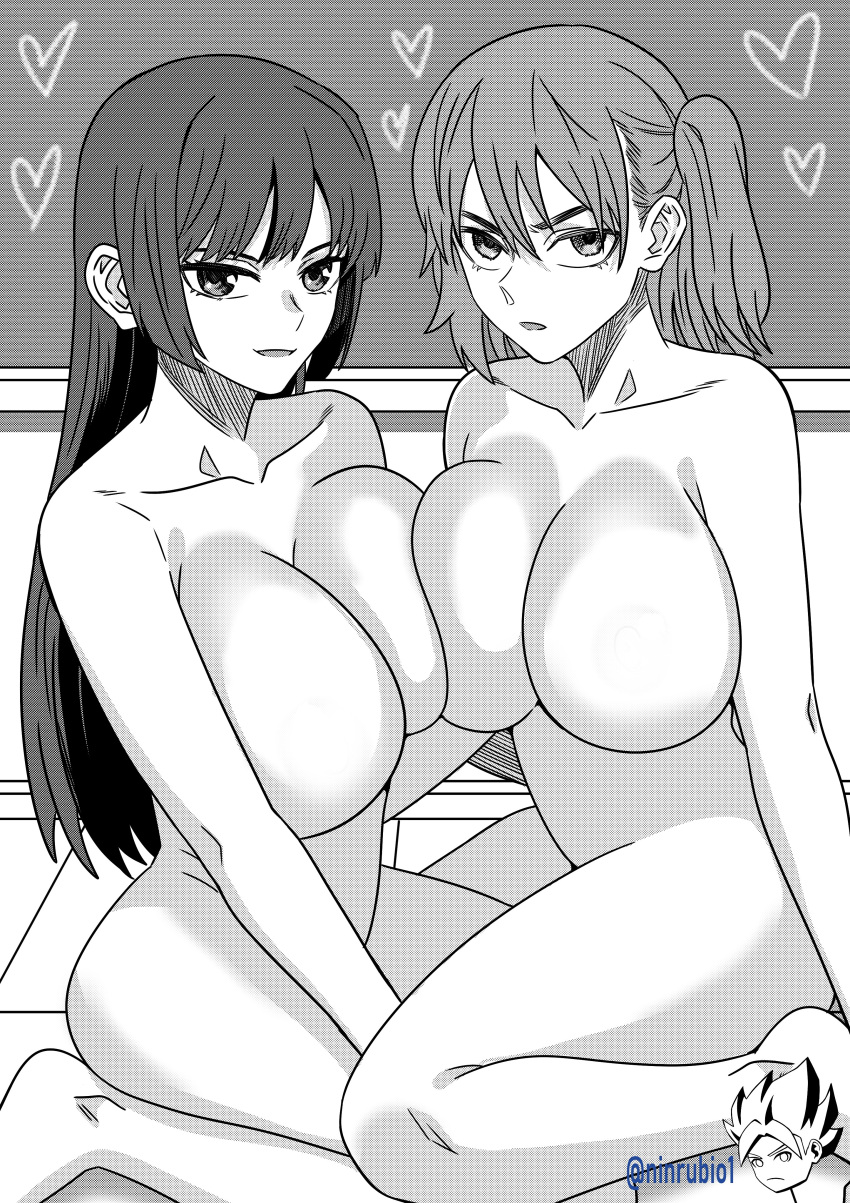 2girls big_breasts black_and_white breast_press breast_to_breast breasts classroom cleavage curvy duo female_only heart hearts_around_head huge_breasts kneeling long_hair looking_at_viewer medium_hair monochrome ninrubio nude please_don't_bully_me,_nagatoro pose president_(nagatoro) sana_sunomiya shikki_(nagatoro) simple_background sitting watermark white_background wide_hips