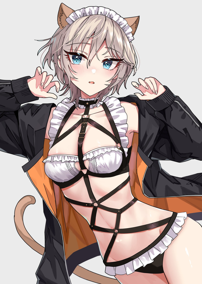 :o anastasia_(idolmaster) aqua_eyes blush breasts cat_ears cleavage eyebrows_visible_through_hair eyelashes_visible_through_hair fang grey_background hair_between_eyes idolmaster idolmaster_cinderella_girls jacket maid_bikini maid_headdress open_jacket open_mouth rum_raisin_(chihiromakita19) short_hair silver_hair simple_background tail