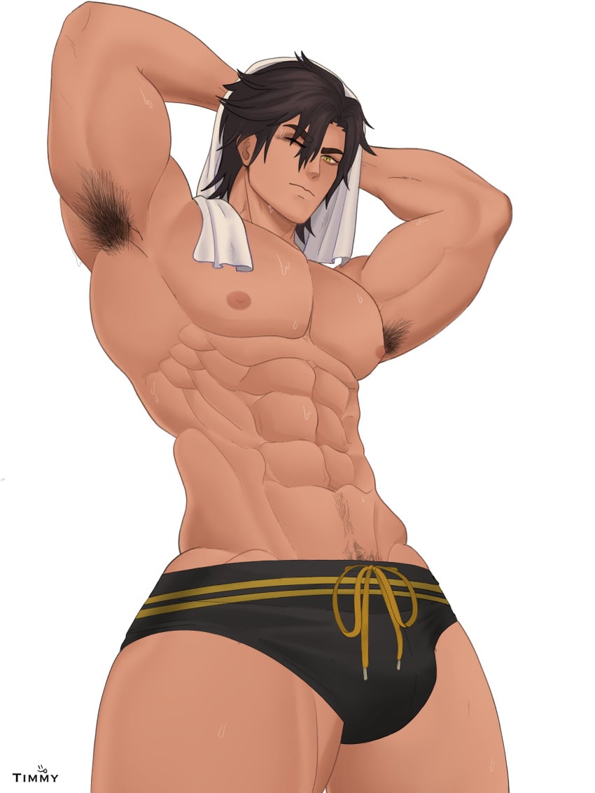 1boy abs absurd_res armpit_hair armpits bara big_pecs briefs bulge bulge_through_clothing dark-skinned_male dark_hair dark_skin dominant dominant_male flexing flexing_bicep hi_res kite_hasegawa looking_at_viewer looking_down looking_down_at_viewer low-angle_view male male_focus male_only maledom muscles muscular muscular_male nipples one_eye_closed pecs plain_background pubes pubic_hair solo sweat timmy45547352 underwear virtual_youtuber wet white_background yellow_eyes