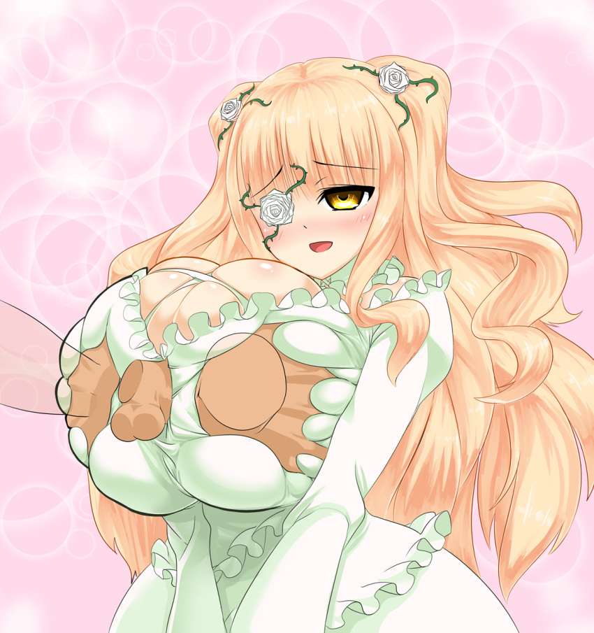 1boy 1girls alternate_breast_size blonde_hair breast_grab breasts disembodied_hand disembodied_penis doll dress eyepatch female flower flower_on_eye hair_ornament happy_sex huge_breasts kirakishou light-skinned_female light_skin male paizuri rozen_maiden seductive_smile size straight straight_sex twintails white_dress yellow_eyes