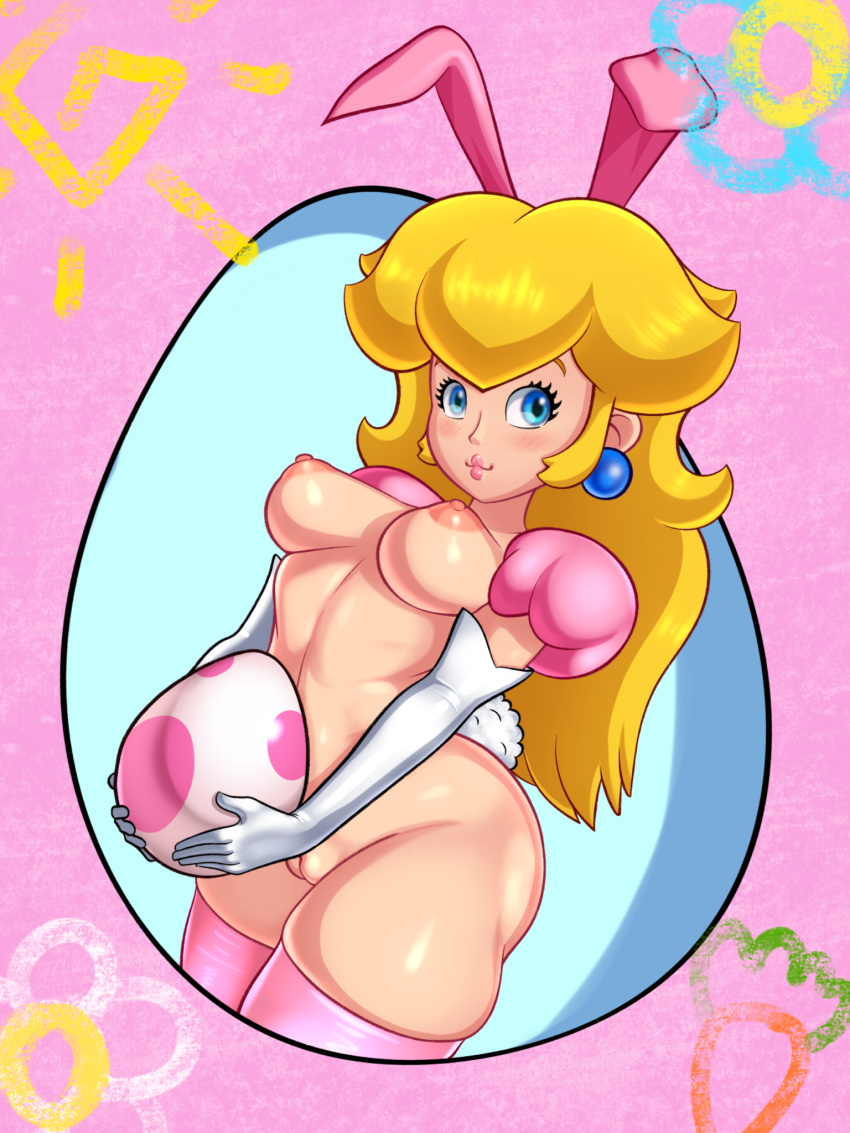 1girls animal_ears areolae big_breasts blonde_hair blue_eyes breasts bunny_ears bunny_girl bunny_tail bunnysuit easter egg elbow_gloves fake_animal_ears fake_tail female female_only gloves holding_egg large_breasts long_hair looking_at_viewer mario_(series) nipples princess_peach pussy skindentation sleepiitreat solo standing tail thick_thighs thighhighs thighs wide_hips