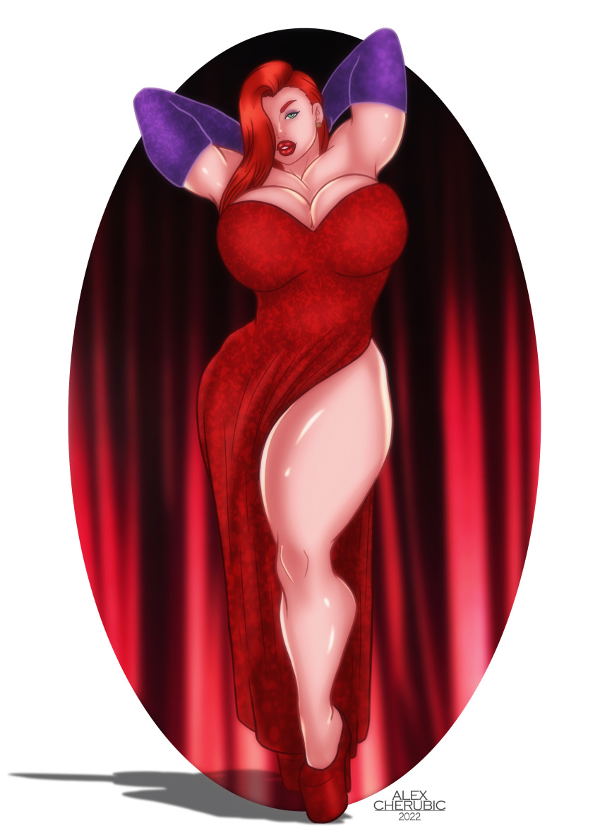 1girls alexcherubic big_breasts bimbo breasts clothing curvy curvy_female curvy_figure disney dress female female_only green_eyes heels huge_breasts jessica_rabbit long_hair looking_at_viewer makeup red_hair red_lipstick smile solo solo_female solo_focus thick_thighs who_framed_roger_rabbit