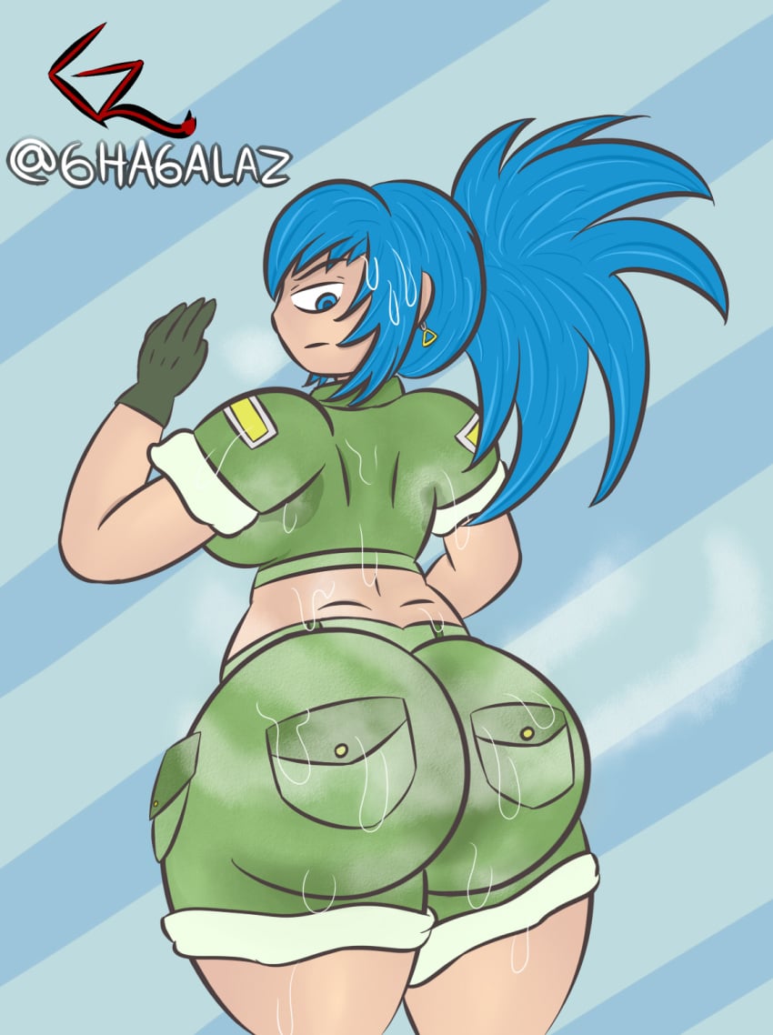 ass big_ass big_butt blue_eyes blue_hair clothed female female_focus ghagalaz huge_ass huge_butt king_of_fighters leona_heidern looking_back snk_heroines:_tag_team_frenzy solo standing steam steaming_body sweat sweating sweaty