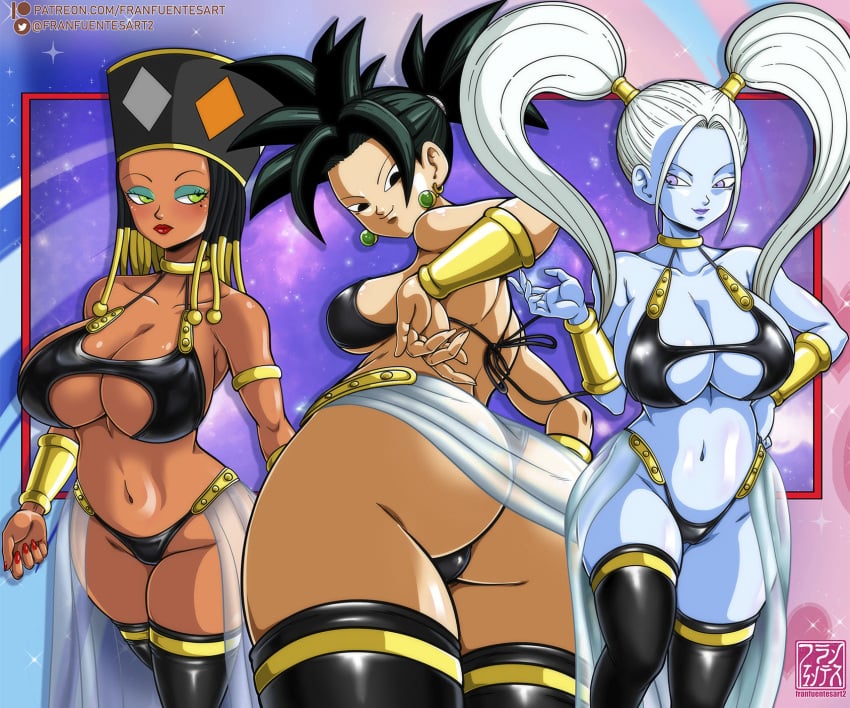 3girls ass base_form_kefla black_bra black_eyes black_hair black_nose black_panties black_stockings blue_breasts blue_fur blush dragon_ball earrings female female_only franfuentesart2 green_eyes helles huge_breasts kefla large_ass large_breasts long_hair marcarita medium_breasts medium_hair multiple_girls panties purple_eyes short_hair thick_thighs thighhighs thighs twintails underwear universe_6/universe_7 white_hair