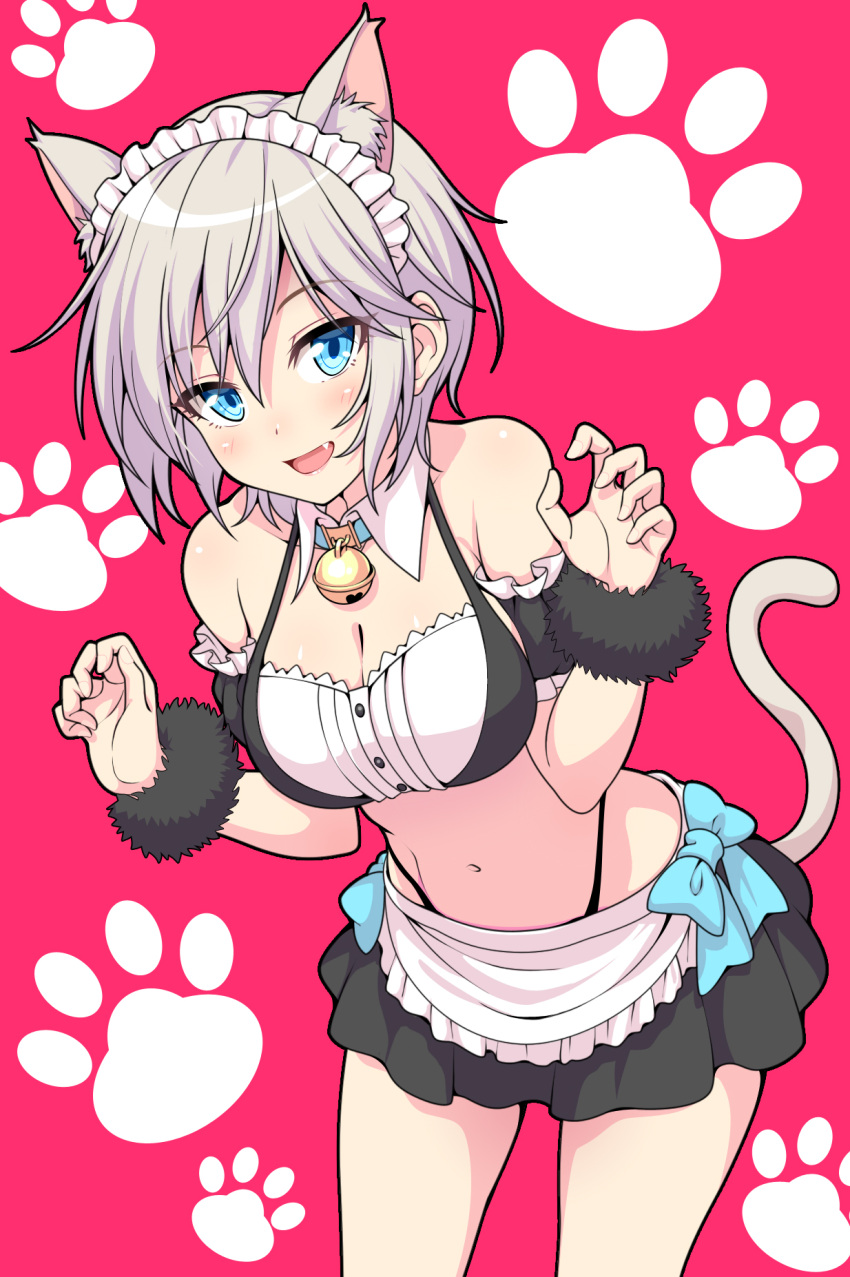 anastasia_(idolmaster) aqua_eyes bare_shoulders blush breasts cat_bell cat_ears cat_tail cleavage detached_collar fang female female_only frills hair_between_eyes idolmaster idolmaster_cinderella_girls leaning_forward looking_at_viewer maid maid_headdress open_mouth panty_straps paw_print paw_print_background pawprint short_hair silver_hair skirt tail