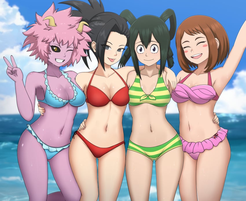 4girls bikini black_hair black_sclera breasts brown_hair closed_eyes eye_contact female female_only horns light-skinned_female light_skin long_hair looking_at_viewer mina_ashido momo_yaoyorozu multiple_girls my_hero_academia ochako_uraraka peace_sign pink_hair pink_skin setrakian short_hair thighs tsuyu_asui yellow_eyes