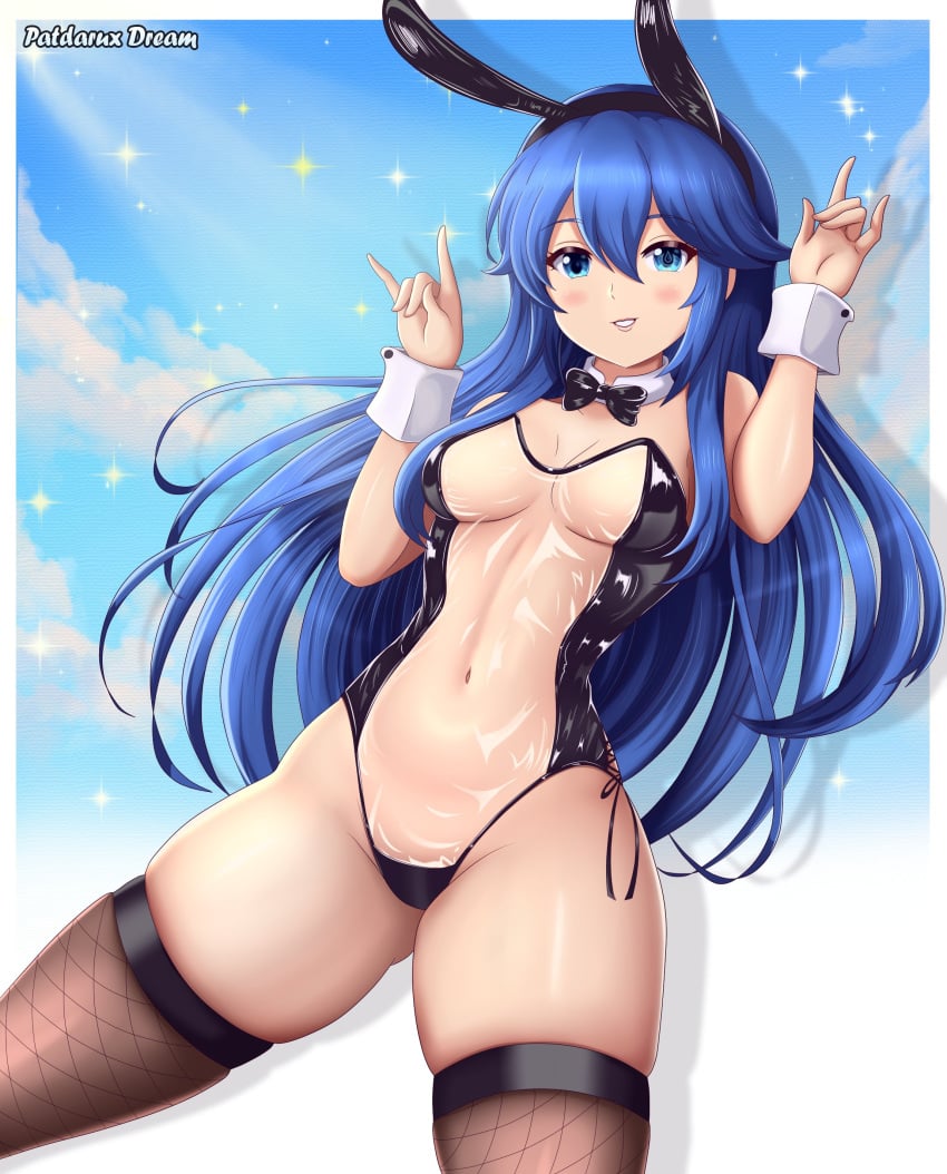 1girls alternate_costume ass_visible_through_thighs bare_thighs blue_eyes blue_hair breasts bunny_ears bunny_gesture bunny_girl bunnysuit female female_only fire_emblem fire_emblem_awakening fishnet_legwear fishnets gesture long_hair lucina_(fire_emblem) medium_breasts nintendo patdarux revealing_clothes see-through solo thick_thighs thighhighs thighs transparent_bunnysuit