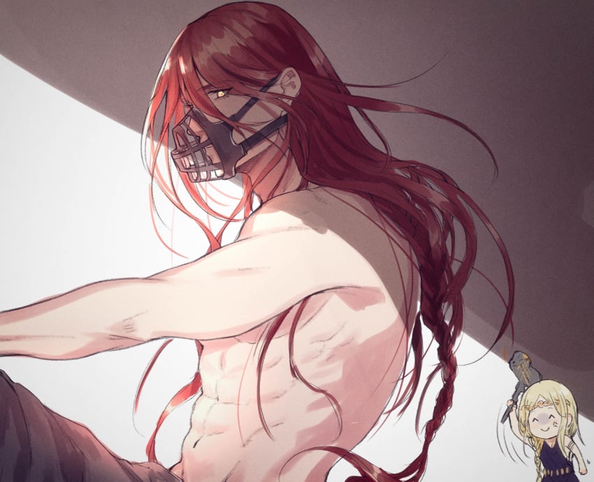 1boy 1girls 2022 abs bai_rui bishonen elden_ring fromsoftware male muscular_male muzzled queen_marika_the_eternal radagon_of_the_golden_order red_hair topless