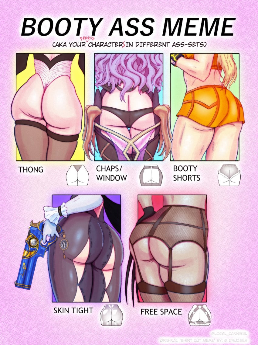 2021 alcina_dimitrescu ass ass_cleavage ass_focus bayonetta bayonetta_(character) bayonetta_2 big_ass black_panties blonde_hair booty_ass_meme butt_crack camilla_(fire_emblem) capcom casual_outfit_(metroid) crossover english english_text female female_only fire_emblem fire_emblem_fates garter_belt garter_straps gun handgun large_ass leotard long_hair meme metroid nier nier:_automata nier_(series) nintendo panties pants_cut_meme pistol purple_hair resident_evil resident_evil_8:_village samus_aran sega shorts skcatz text thick_thighs thighhighs thighs weapon yorha_2b