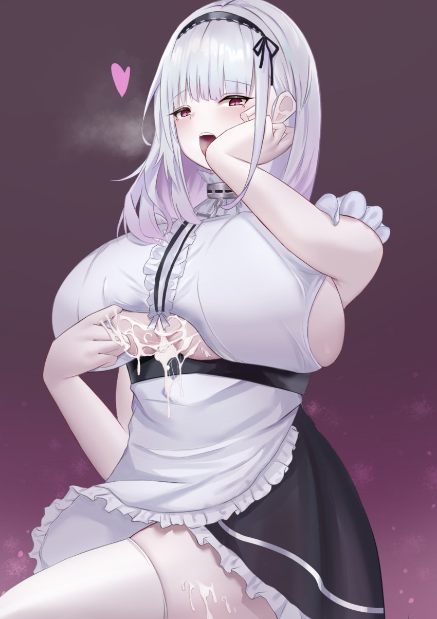 after_paizuri apron azur_lane black_skirt breasts cum cum_on_body cum_on_breasts dido_(azur_lane) eyebrows_visible_through_hair female frilled_apron frilled_shirt frills hand_on_own_cheek hand_on_own_face heart highres huge_breasts kyute paizuri paizuri_under_clothes shirt simple_background skirt sleeveless sleeveless_shirt solo thighhighs underboob white_apron white_legwear white_shirt