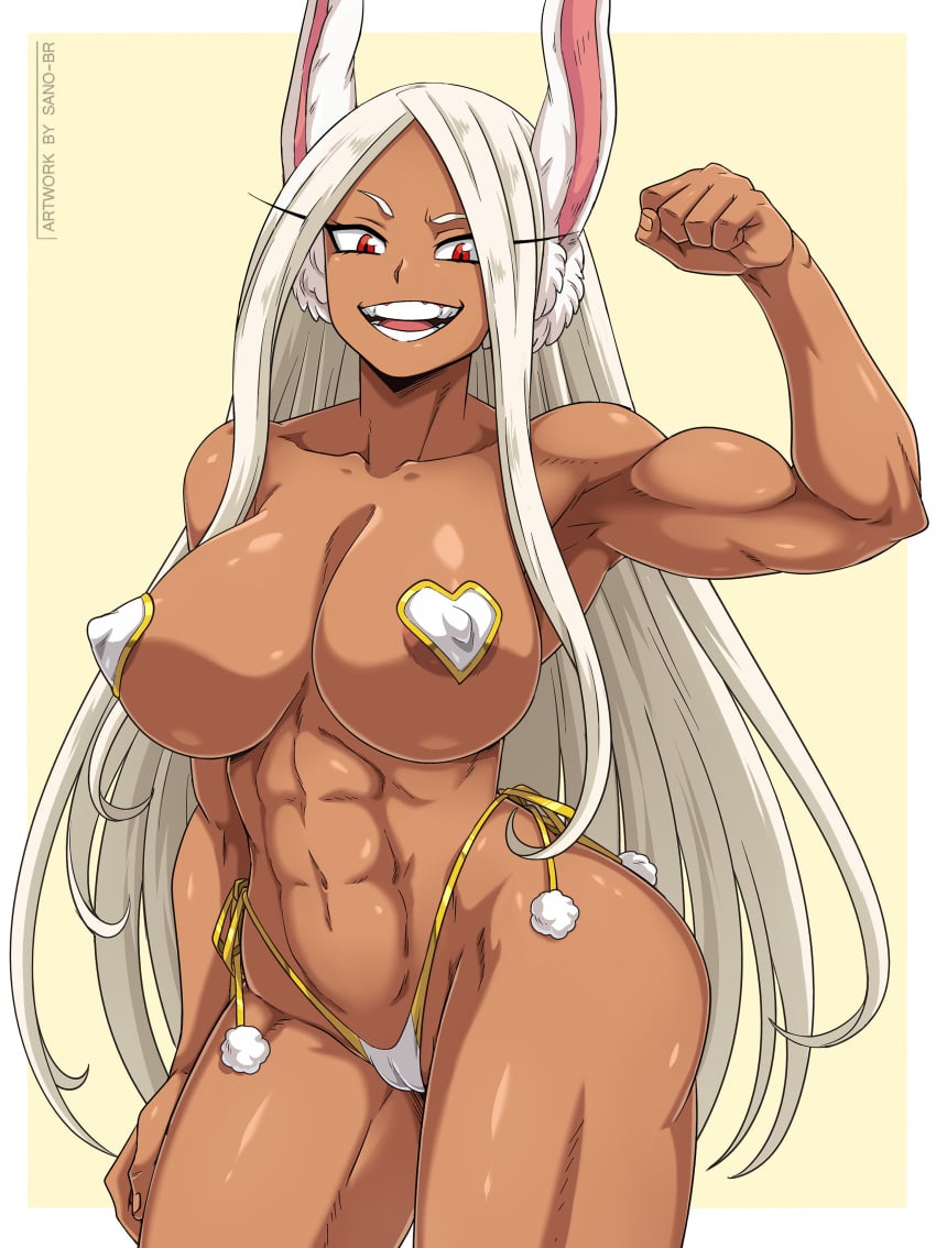 1girls abs animal_ears areolae athletic_female biceps big_breasts bikini_bottom breasts bricc cameltoe dark-skinned_female dark_skin fit_female flexing heart_pasties hi_res kemonomimi large_breasts long_hair looking_at_viewer mature_female miruko muscular muscular_female my_hero_academia pasties red_eyes rumi_usagiyama sano-br shiny_skin slim_waist smile solo solo_female thick_thighs variant_set white_hair white_pasties wide_hips