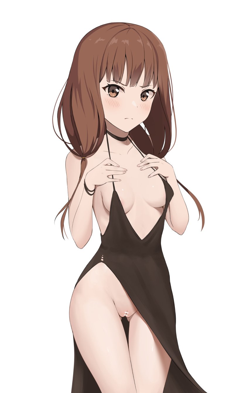 1girls bar_censor black_dress boob_window bottomless brown_eyes brown_hair censored coro_fae dress hand_on_breast handwear iino_miko kaguya-sama_wa_kokurasetai_~tensai-tachi_no_renai_zunousen~ looking_at_viewer no_bra no_panties pussy simple_background small_breasts solo