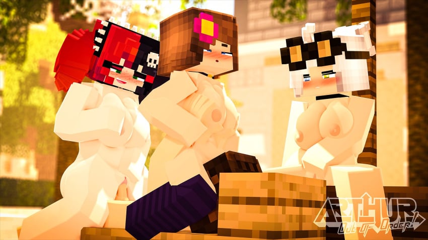 1boy 3d 3girls 4some adult arthur32 blue_eyes breasts brown_hair commission cowgirl_position ellie_walls_(odysseyellie) foursome grace_(ender2435) green_eyes horny_female human_female humanoid jenny_belle_(slipperyt) masturbation mine-imator minecraft multicolored_eyes multicolored_hair nude nude_female nude_male open_mouth outdoors outside riding_penis sex tagme white_hair