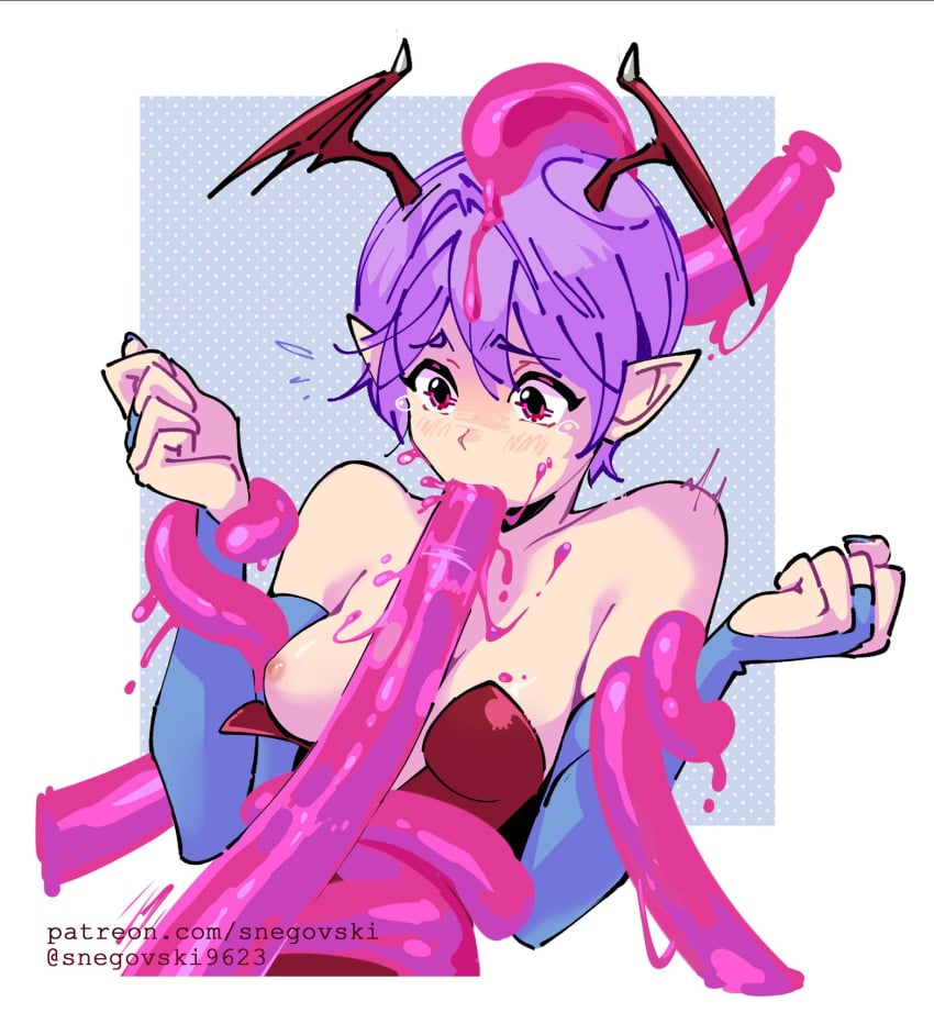 1girls areolae bare_shoulders blush breast_outside breasts capcom clothing cum_inside darkstalkers female female_only head_wings leotard lilith_aensland nipple nipples open_mouth oral penetration pink_tentacles pointy_ears purple_eyes purple_hair rape restrained short_hair small_breasts snegovski solo solo_female succubus tears tentacle tentacle_in_mouth tentacle_paizuri tentacle_sex wide_eyed