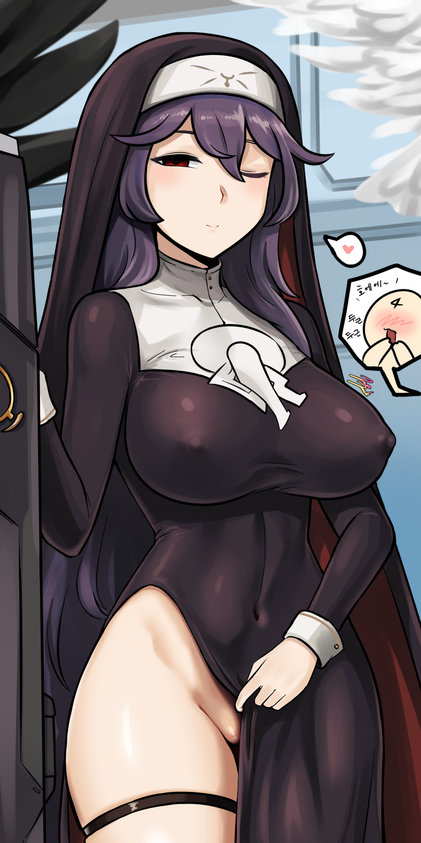 1:2 1girls 1other 2021 absurd_res artist_name black_dress breasts clothing covered_navel dress female_focus hair_between_eyes hat heart highres jazzjack korean_text large_breasts last_origin long_hair looking_at_another looking_at_viewer nipple_bulge no_bra no_panties nun nun's_habit offscreen_character one_eye_closed outdoors partially_visible_vulva purple_hair red_eyes seductive signature skin_tight skindentation skirt_lift smile speech_bubble spoken_heart standing teasing text thick_thighs thigh_strap thighs tight_clothing veronica_type-asc wide_hips wink