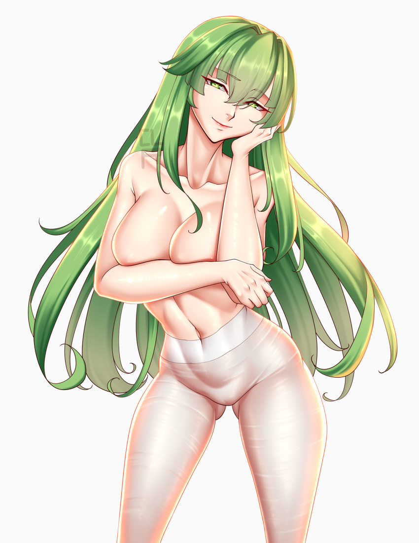 1girls ass_visible_through_thighs bangs bare_shoulders breast_hold breasts cleavage cleru_(cleruuuuu) collarbone covering covering_breasts female female_only fire_emblem fire_emblem:_mystery_of_the_emblem fire_emblem:_shadow_dragon_and_the_blade_of_light green_eyes green_hair head_tilt large_breasts long_hair looking_at_viewer nintendo palla_(fire_emblem) pantyhose solo solo_female topless very_long_hair white_background