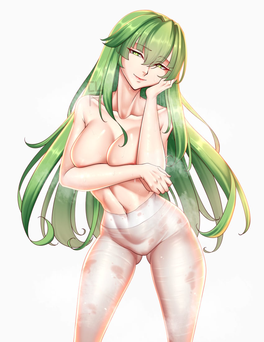 1girls ass_visible_through_thighs bangs bare_shoulders breast_hold breasts cleavage cleru_(cleruuuuu) collarbone covering covering_breasts female female_only fire_emblem fire_emblem:_mystery_of_the_emblem fire_emblem:_shadow_dragon_and_the_blade_of_light green_eyes green_hair head_tilt large_breasts long_hair looking_at_viewer nintendo palla_(fire_emblem) pantyhose solo steaming_body topless very_long_hair white_background