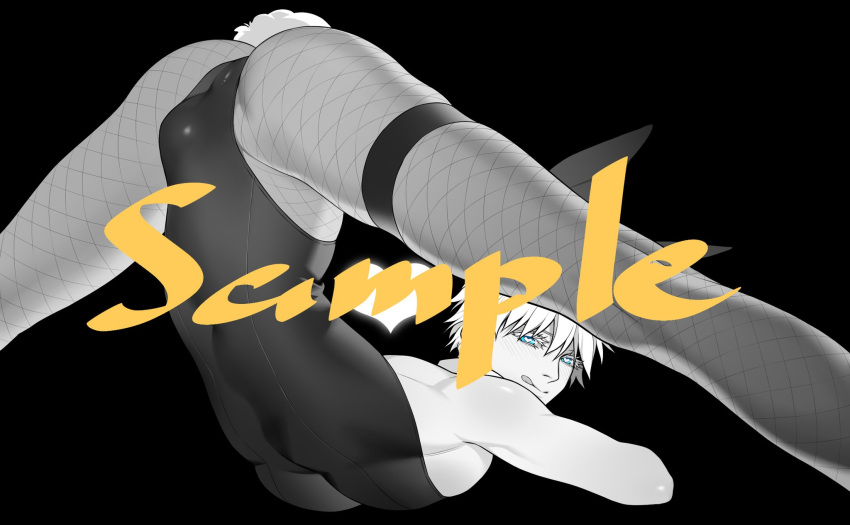 1boy 1male bent_over black_and_white black_background boy bunny_boy bunny_costume bunny_ears bunny_tail bunnyboy bunnysuit crossdressing erection femboy feminine_male feminization gay heart-shaped_pupils huang_lia jack-o_pose jujutsu_kaisen licking_lips long_eyelashes looking_at_viewer male male_focus male_only pantyhose satoru_gojo solo_male twink yaoi